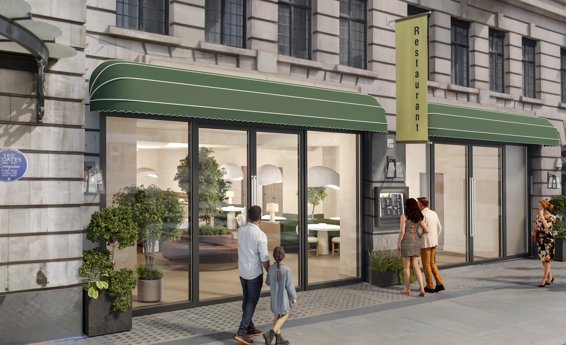 200 Baker Street exterior CGI, restaurant frontage with green awning and signage