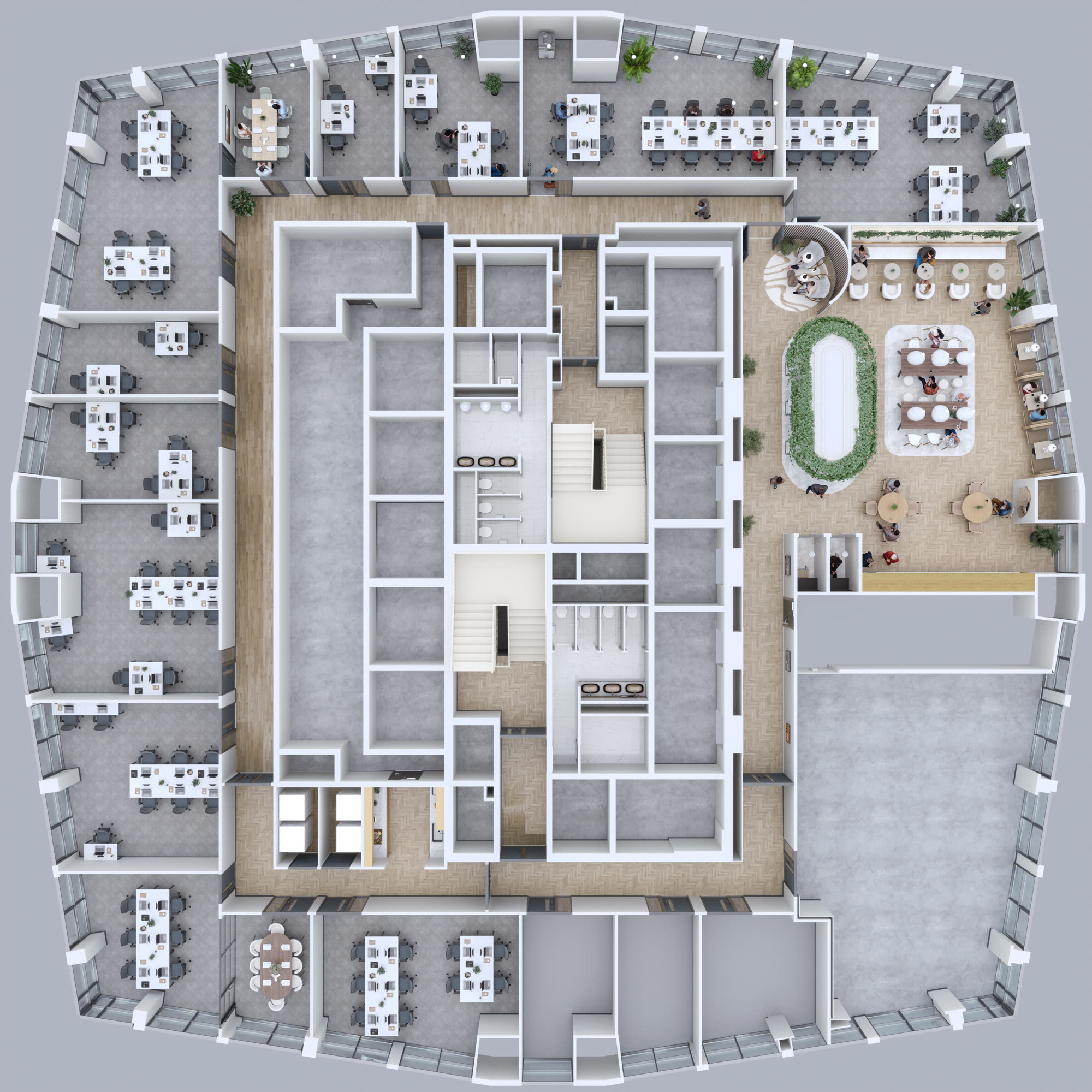 99 Bishopsgate 15th floor 3D aerial floor plan, showing the lounge, meeting rooms and offices in plan view