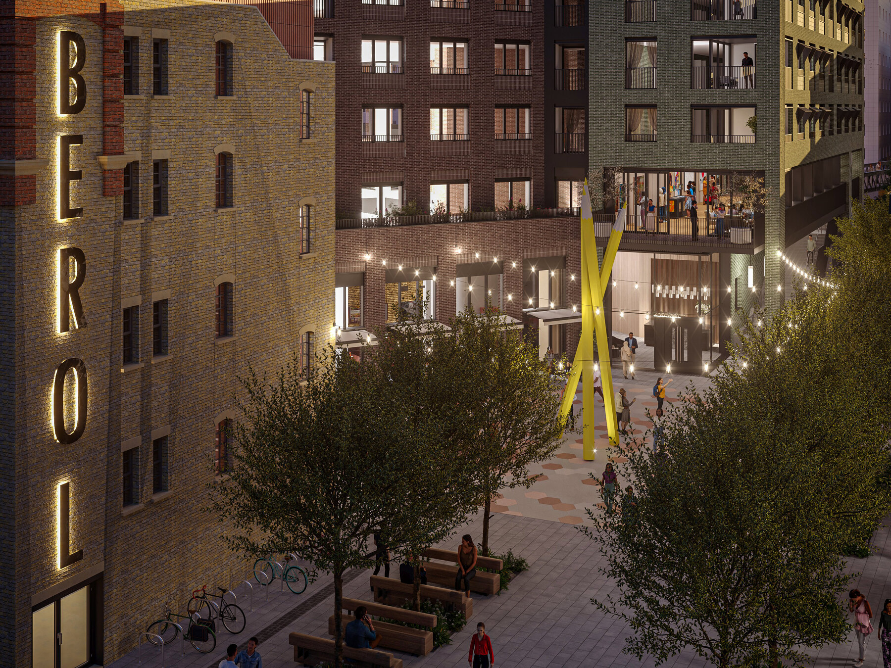 Berol Quarter signage, dusk