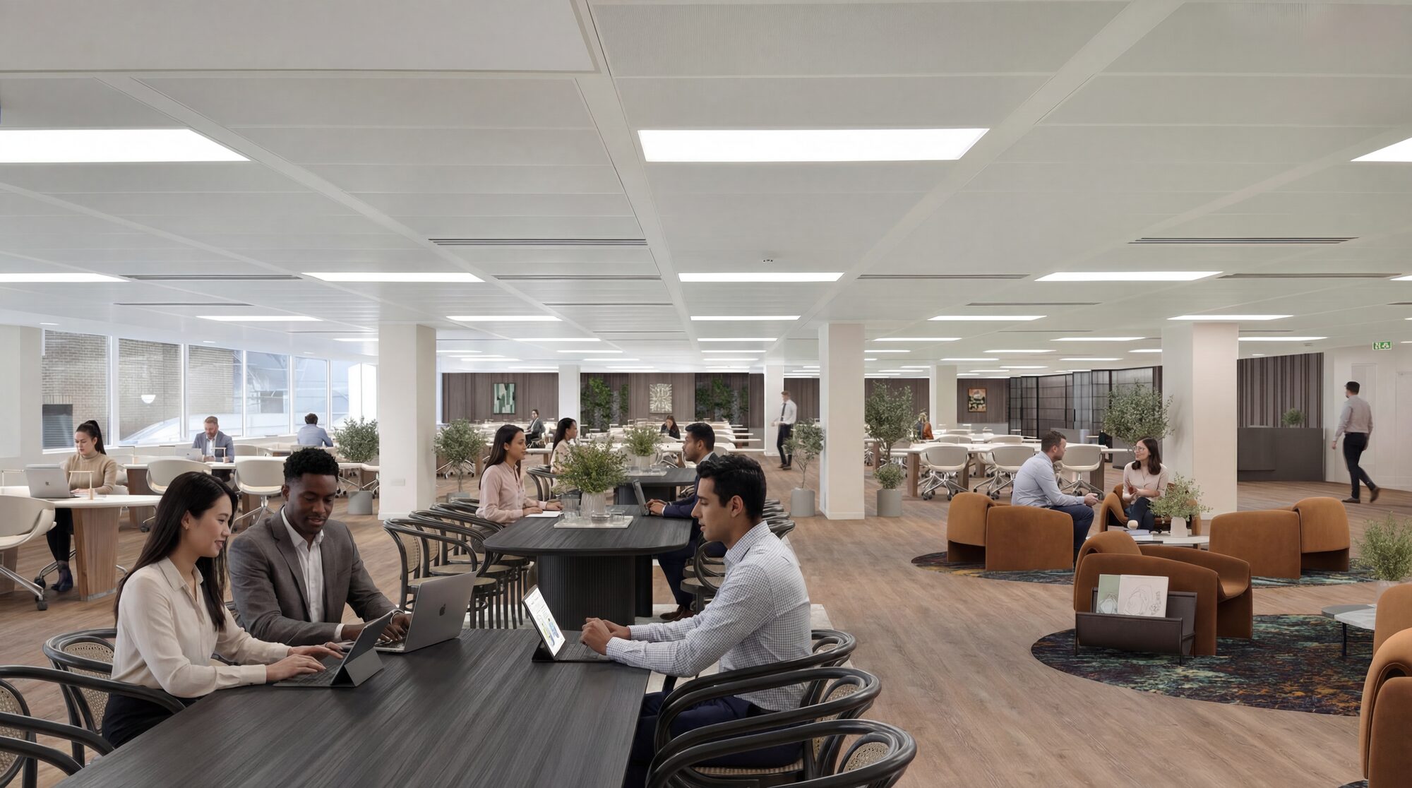 12-18 Grosvenor Gardens, alternative wide angle showing the lounge zone and work tables in one frame