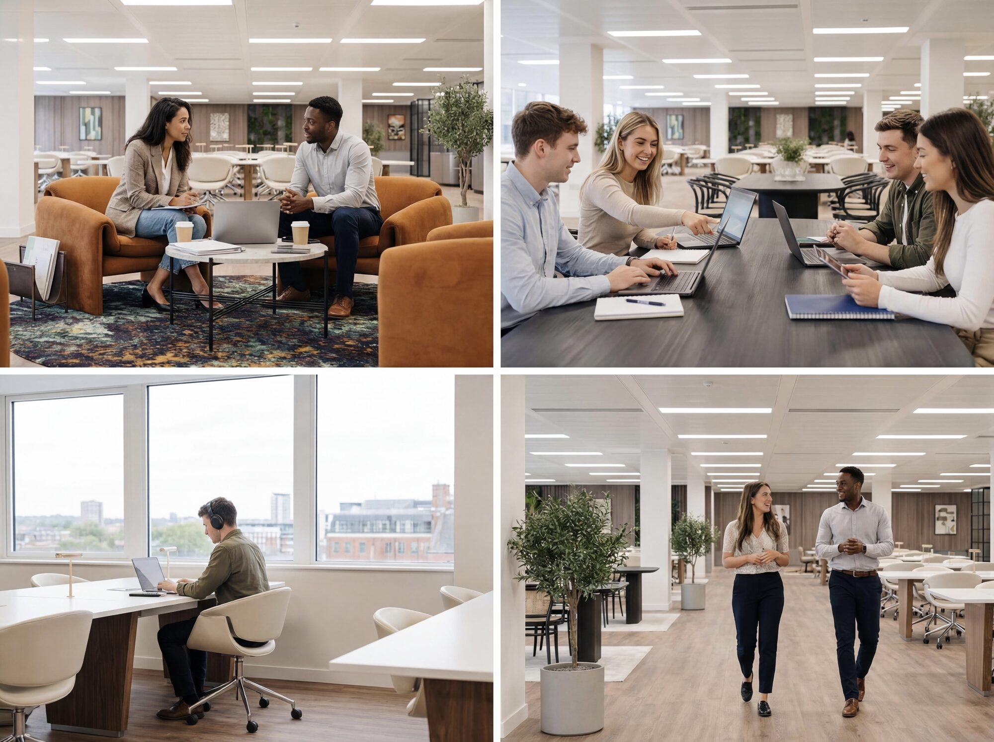 Four-up marketing collage of the Grosvenor Gardens office: lounge meeting, collaborative work table, single-desk window seat, two colleagues walking