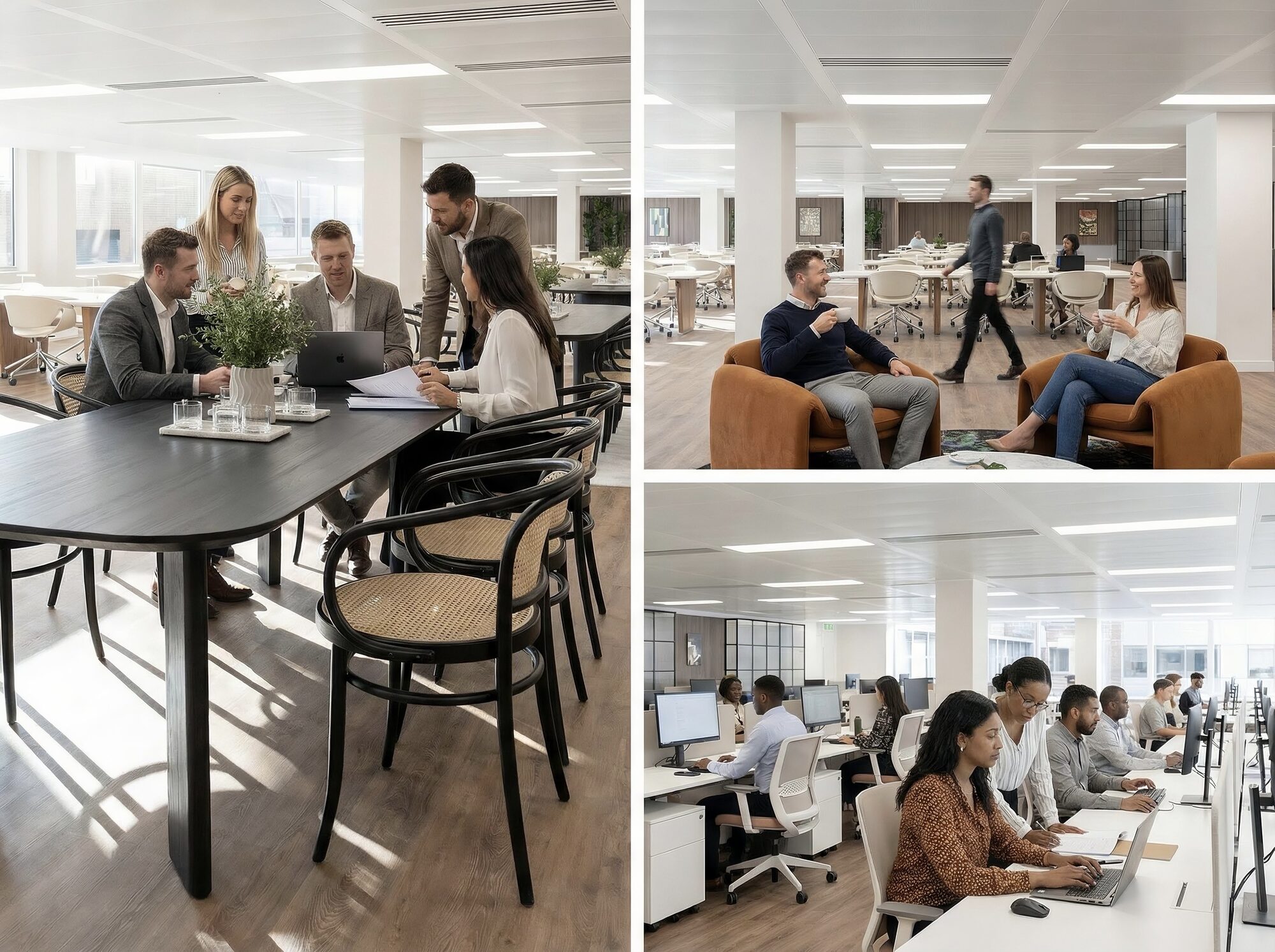 Four-up marketing collage of the Grosvenor Gardens office: standing meeting at black work table, lounge zone with two colleagues and a passer-by, monitor bank with the team at work