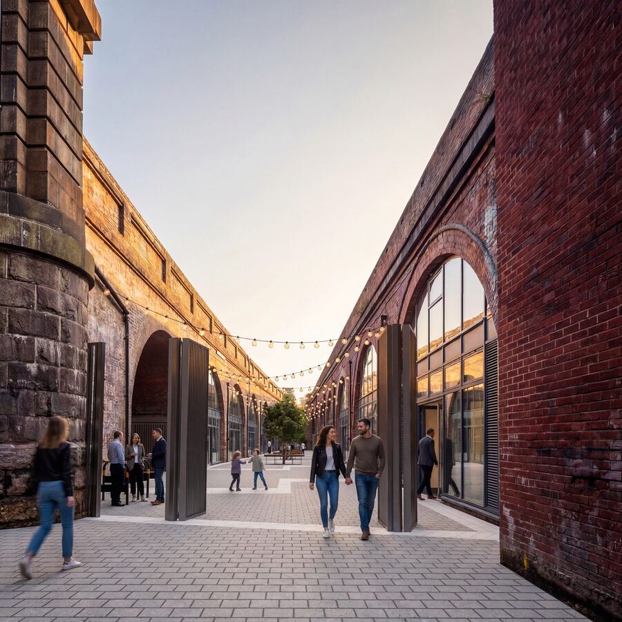 Kilburn Mews entrance gates with arches behind