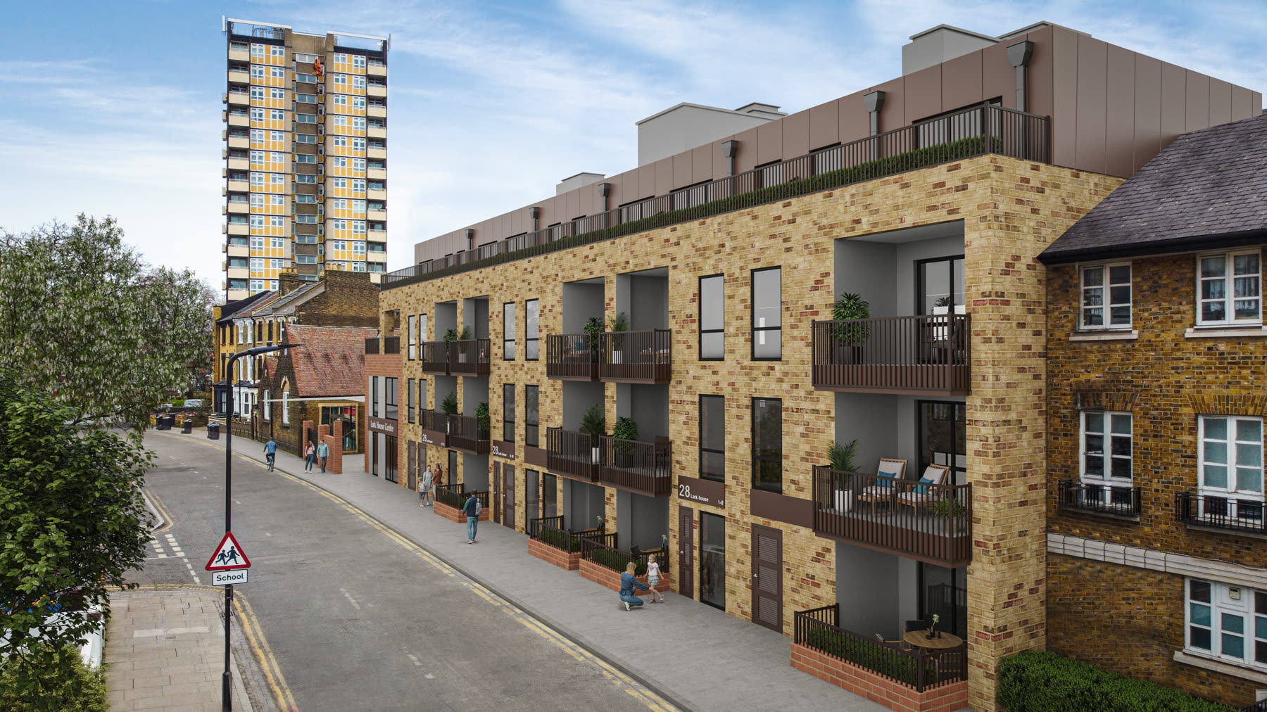 Powell Road completed CGI, side-angle view with tower block in the background