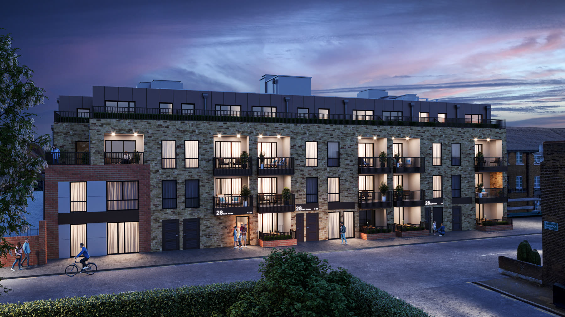 Powell Road CGI, dusk with lit interiors