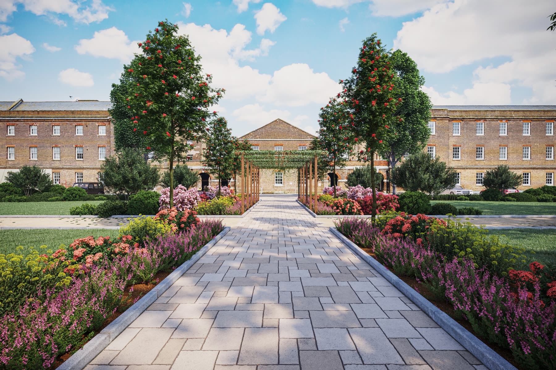 Royal Haslar, residential courtyard with pergola and floral path