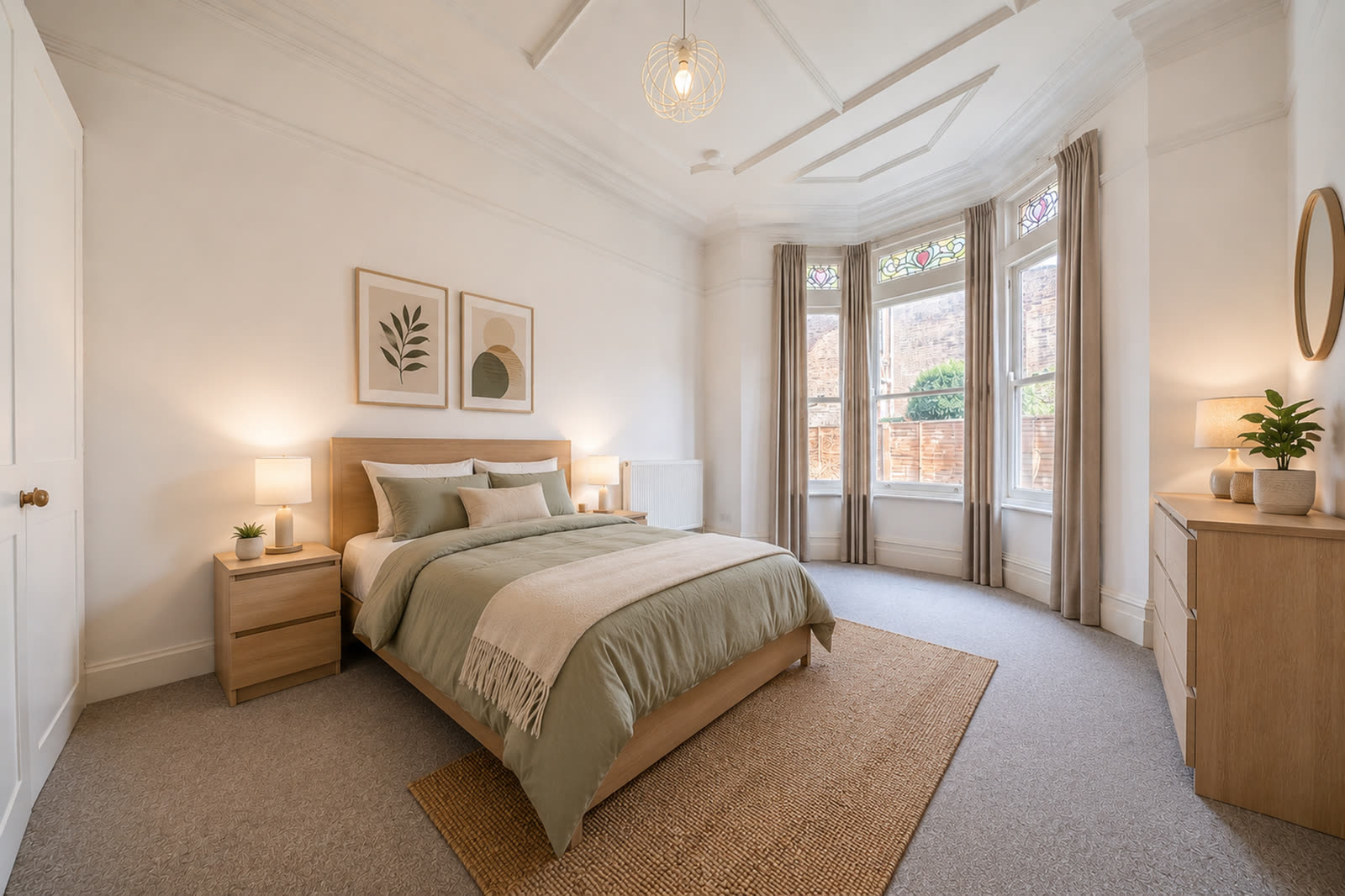 Same bedroom virtually staged with bed, art, side tables and lifestyle dressing