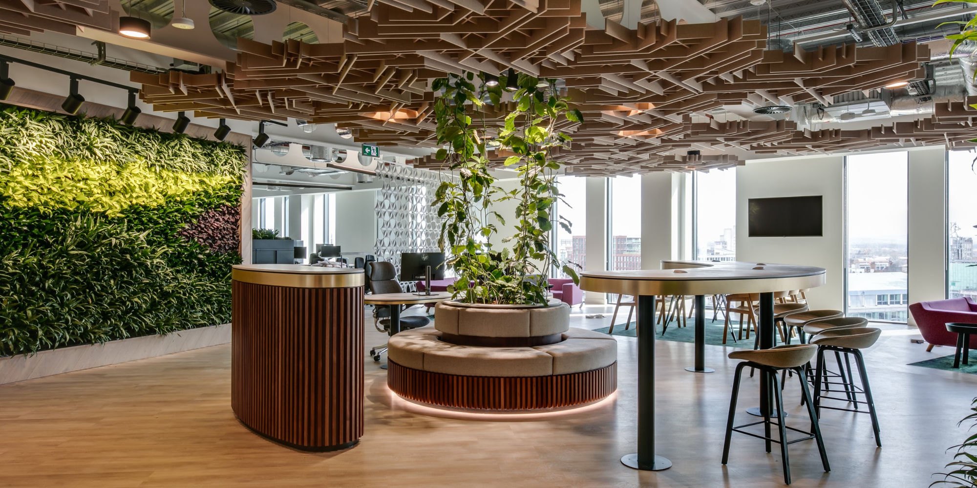 Biophilic flexible workplace with living wall, sculptural acoustic ceiling, remanufactured timber-slat reception and modular soft seating, illustrating Furniture as a Service